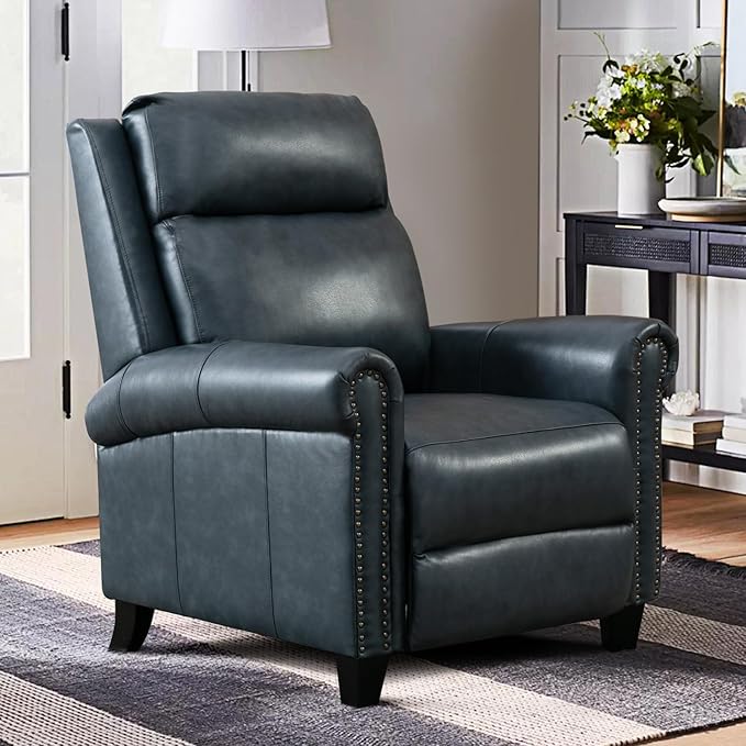 CANMOV Leather Recliner Chair, Classic and Traditional Push Back Recliner Chair with Comfortable Arms and Back for Living Room Bedroom Adjustable Single Sofa, Navy Blue