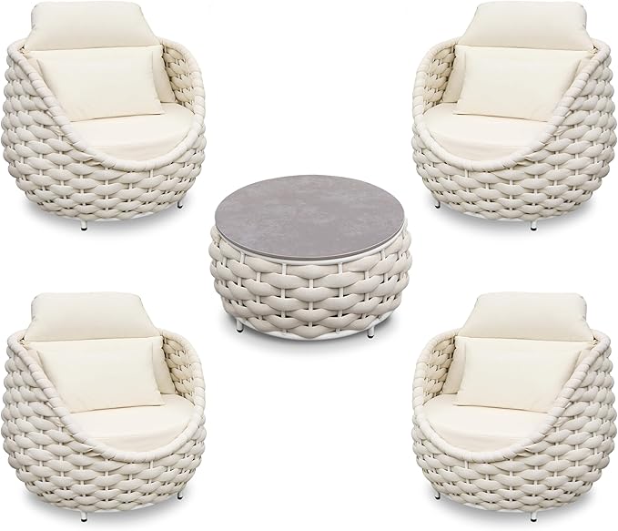 Woven Rope Patio Furniture Set: 5 Pieces Aluminum Outdoor Conversation Sofa Set All Weather - Cushioned Modern Deck Couch Set Assembled for 400lbs Front Porch Garden Lanai Sunroom Hotel, Beige