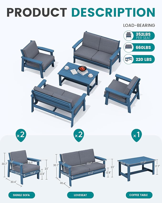 SERWALL HDPE Patio Furniture Set, 5 Piece All Weather Wood-Like Sectional Outdoor Furniture Set, Blue Patio Sofa Couch with Grey Cushions for Deck, Lawn