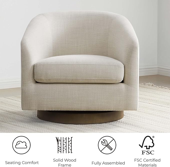 CHITA Swivel Accent Chair, FSC Certified Upholstered Fabric Barrel Chair for Living Room, Fully Assembled, Linen
