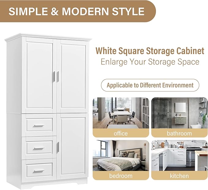 P PURLOVE Bathroom Storage Cabinet with 3 Drawers,Tall and Wide Bathroom Cabinet Standing,Wood Freestanding Tall Bathroom Cabinet for Kitchen,Living Room