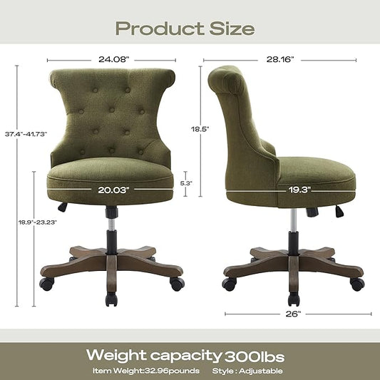 HUIMO Home Office Chair Upholstered Armless Desk Chair with Wheels Adjustable Height Computer Desk Chair with Wooden Legs Comfortable Swivel Chair for Home Office Study Studio (Green)