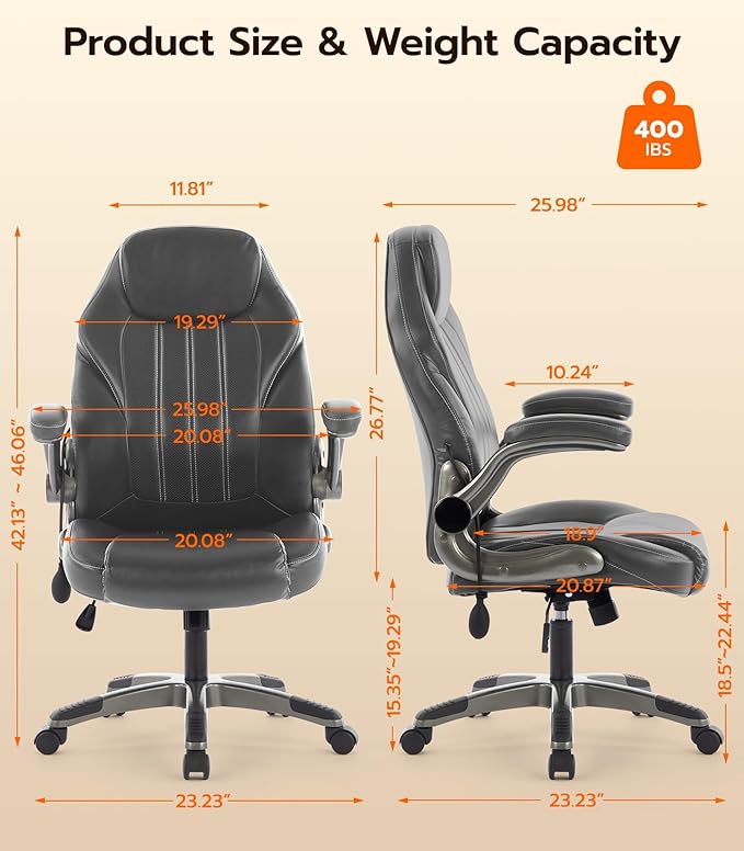 Office Desk Chair, Ergonomic Computer Chair with Padded Flip-Up Arms and Adjustable Lumbar Support, PU Leather Executive Chair with Tilt Lock and 360° Swivel Rolling Wheels for Work, Study