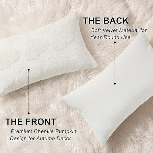 decorUhome Decorative Two Cream White Pumpkins Thanksgiving Throw Pillow Covers 12x20 Set of 2, Soft Chenille Jacquard Farmhouse Textured Pillow Covers for Couch Sofa Autumn Harvest Halloween Holiday