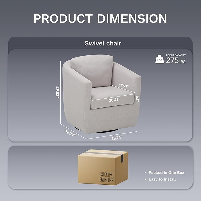 COLAMY Swivel Accent Chair, Round Upholstered Swivel Barrel Armchair Metal Base Fabric Chair Modern No Assembly Sofa Chair for Living Room Bedroom Reading Apartment Nursery, Beige(2pc)