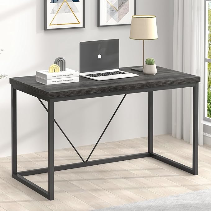 FOLUBAN Home Office Desk, Industrial Vintage Computer Desks, Rustic Wood and Metal Study Writing Table, Simple Work Gaming PC Desk for Bedroom Living Room, Dark Gray 47 Inch