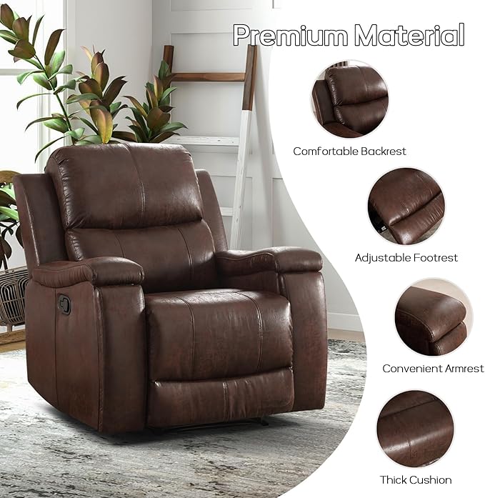 Brown Recliner Chair, Single Overstuffed Sofa Recliners, Breathable Faux Leather Manual Reclining Chairs with Hidden Cup Holder, Arm and Back for Adults, Living Room, Bedroom, Dark Brown