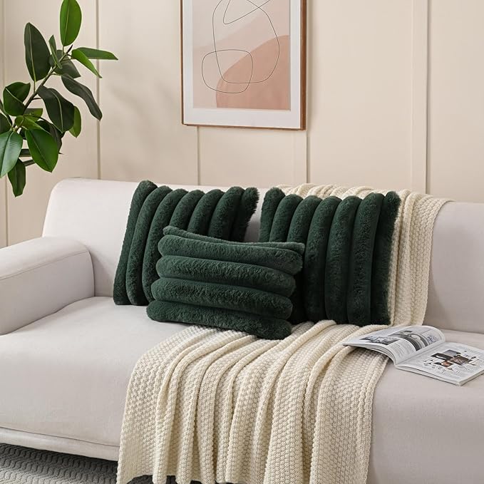 FUTEI Christmas Dark Green Decorative Throw Pillow Covers 12x20 Inch Set of 2, Square Soft Faux Rabbit Fur Thick Striped Lumbar Pillow Case,Winter Home Decor for Couch Bed Living Room