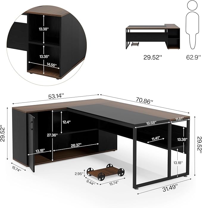Tribesigns 71 inch Executive Desk, L Shaped Desk with Cabinet Storage, Executive Office Desk with Shelves, Business Furniture Workstation for Home Office, Black and Brown