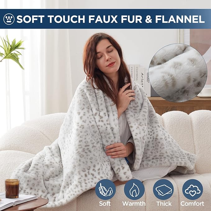 Westinghouse Heated Throw Blanket, Grey Leopard Electric Throw Blanket, Luxury Faux Fur to Flannel Reversible, 6 Heating Levels & 2-10 Hours Time Setting, Machine Washable(Throw, 50"x60")