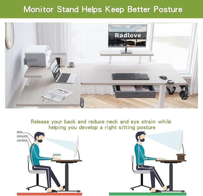 Radlove 63-Inch Large Electric Height Adjustable Computer L-Shaped Desk with Memory Controller Corner Standing Desk Modern Workstation with Splice Board Ergonomic Desk (White Frame + Oak Top)