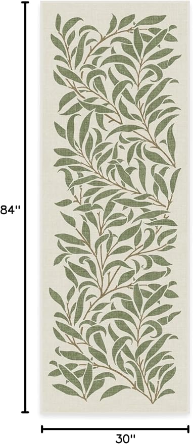 RUGGABLE x Morris & Co Machine Washable Runner Rug – Pure Willow Boughs Green 2.5x7, Stain-Resistant, Non-Slip – Washable Rug for Hallway, Entryway, Living Room & Kitchen–with Cushioned Pad