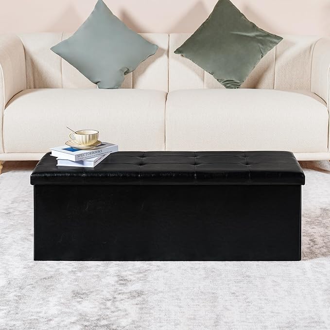 PINPLUS Folding Storage Ottoman Bench, Black Faux Leather Long Chest with Tray, Footrest Seat, Blanket Storage for Living Room Bedroom Office Hallway, 43.3"x15"x15"