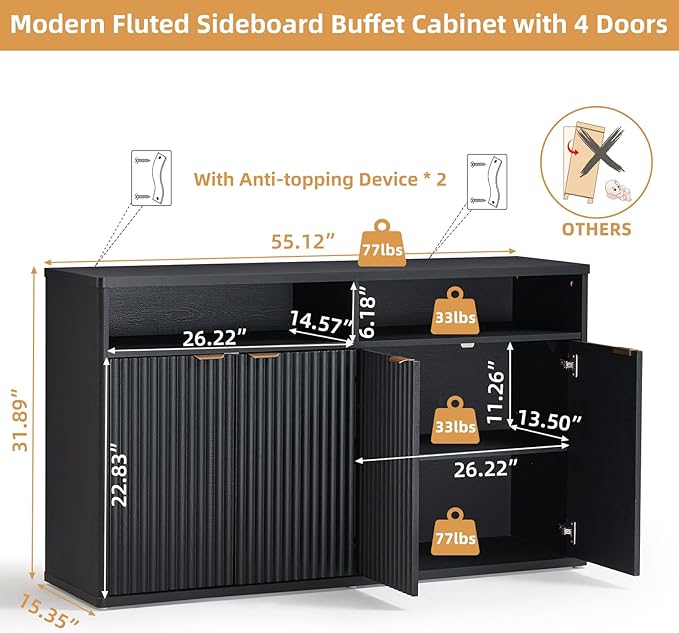 LEYAOYAO Fluted Buffet Cabinet with Storage, 55" Wide Wood Sideboard Credenza with 4 Doors & Open Storage Shelf, Modern Kitchen Console Accent Cabinets, Coffee Bar Table for Dining Room, Black Oak