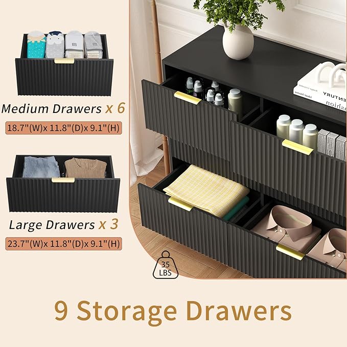 3-Piece Modern Bedroom Furniture Set, Wide 9-Drawer Dresser & 2-Drawer Nightstands Set of 2, Natural Wood Dresser and Nightstand Sets for Bedroom, Hallway, Black