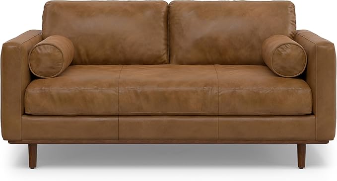 SIMPLIHOME Morrison 72-inch Wide Sofa in Caramel Brown Top Grain Genuine Leather, Mid-Century Modern-Style Loveseat for Living Room, Single Bench Cushion, Removable Back Cushions, 2 Bolster Pillows