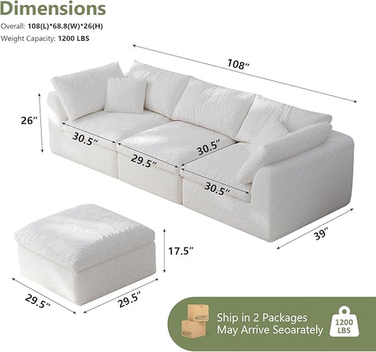 108" Boneless Cloud Couch Modular Sectional Sofa with Deep Seat for Living Room, L Shape Couch with Ottoman, Snowflake Cloth and 40D Memory Sponge,2 Throw Pillows (White, 3 Seater+1 Ottoman)
