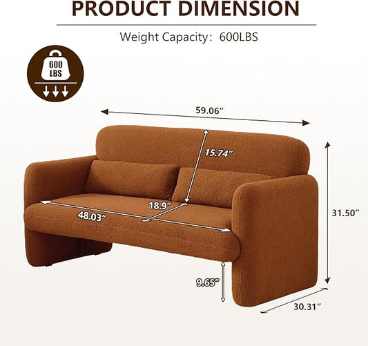 Loveseat Sofa, 59" W 2-Seater Lamb Fabric Couch, Solid and Easy to Install, Modern Upholstered Couch for Bedroom, Apartment, Living Room