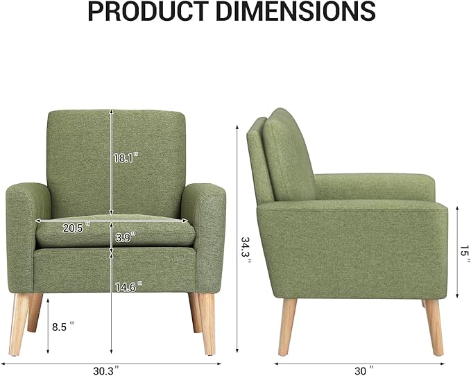 Lohoms Accent Chair Set of 2 Living Room Mid-Century Modern Chair, Upholstered Fabric Comfy Club Armchair Pair of Leisure Sofa Chairs for Bedroom, Small Apartment, Office, Green