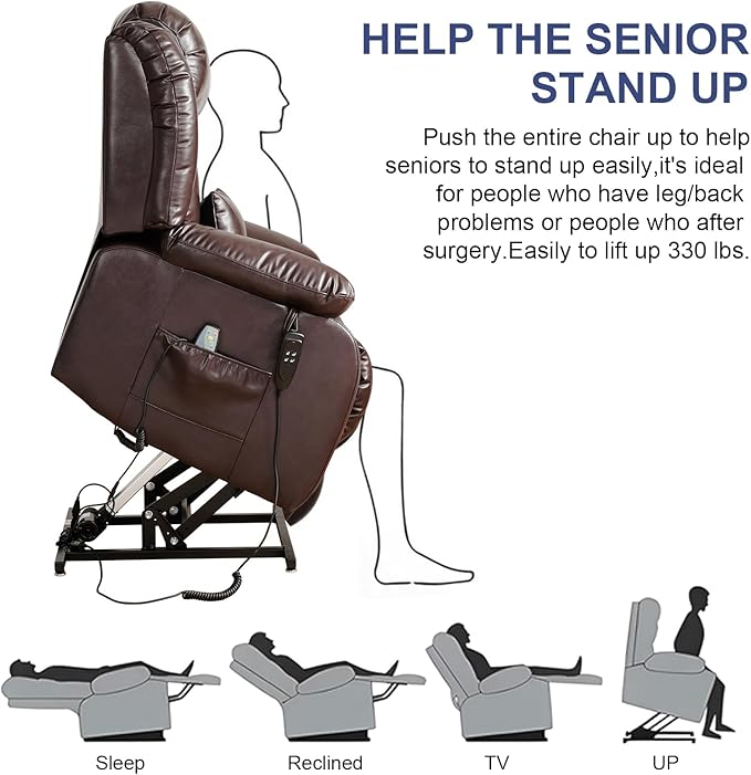 MAEVIS Large Genuine Leather Lift Recliner Chairs, Dual Motor Lift Chiars Recliner for Elderly,Extended Footrest and Lumbar Pillow for Tall Man,Heating and Massage, USB and Type-C Ports(Brown)