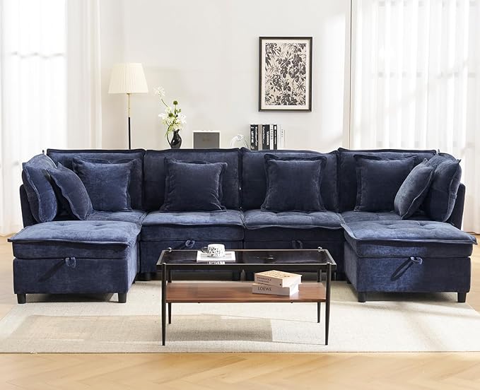 133'' Modular Sectional Sofa, Oversized U Shaped Couch with Storage Ottoman, Comfy Chenille Sofa with Deep Seat, 6 Seat Convertible Couches for Living Room, Blue