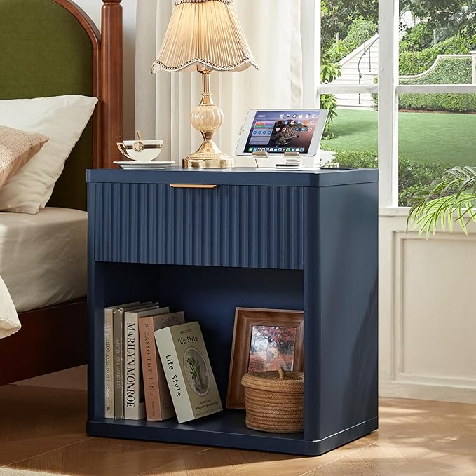 LEYAOYAO Fluted Nightstand with Charging Station, 23" Wide 1 Drawers Night Stand,Blue End Table with Open Storage,Farmhouse Bed Side Tables, Wood Dresser for Bedroom, Living Room, Closet