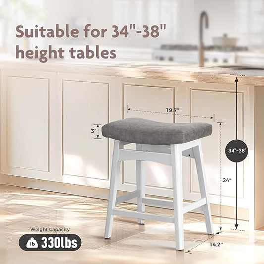 ALPHA HOME Bar Stools Set of 3, Solid Wood Saddle Kitchen Stools with Grey PU Leather Cushion Counter Height Barstools with Wooden Base for Kitchen Dining Cafe, 24 Inch, Grey, 3PCS