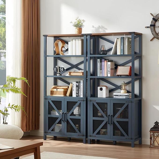 5 Tier Bookshelf 70" Tall Bookcase with Barn Doors,Large Farmhouse Display Book Shelf with Adjustable Shelves and Storage Cabinet,Library Wood Bookshelves for Living Room,Kitchen,Blue(3PCS)