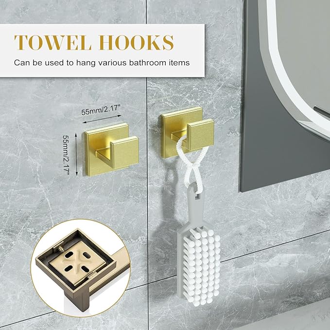 Bathroom Accessory Towel Bar Set: 5 Pieces Gold Bathroom Hardware Square SUS304 Stainless Steel - 24 Inch Wall Mounted Towel Rack&Toilet Paper Holder&Towel Ring and Towel Hook