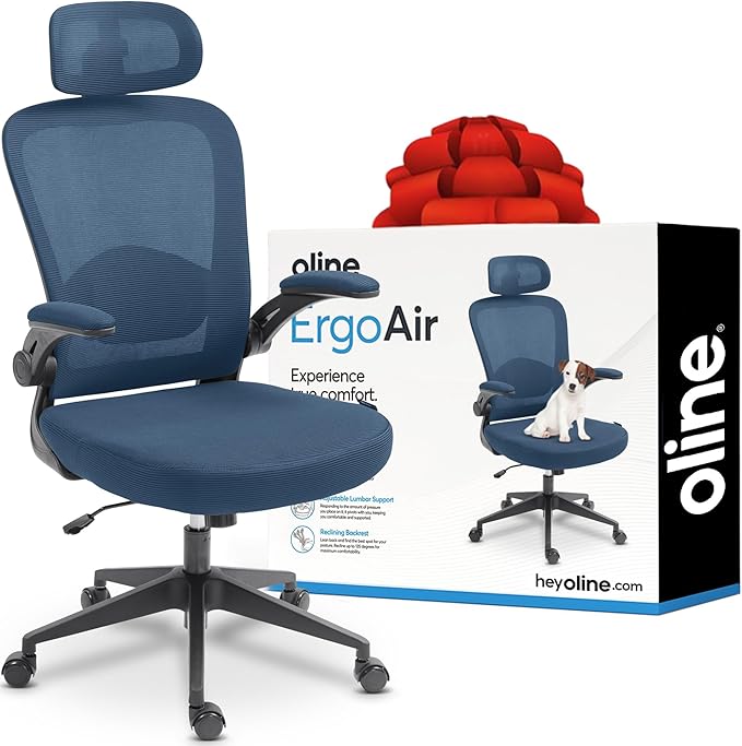 Oline ErgoAir Ergonomic Office Chair – Adjustable Lumbar Support, Flip-Up Armrests, Mesh Computer Desk Chair, Swivel Rolling Executive Gaming Chair for Home & Office (Navy Blue)
