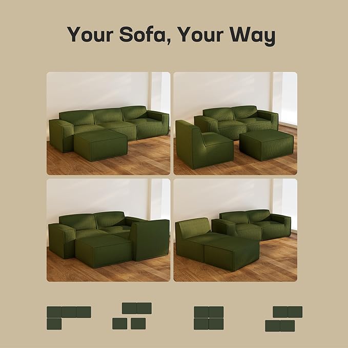 Marsail Modular Sectional Sofa, 142" U-Shaped Modular Sectional Couch with Deep Seat, Freely Combinable Sectional Cloud Sofa for Living Room, No Assembly, Plush Corduroy Fabric, Green