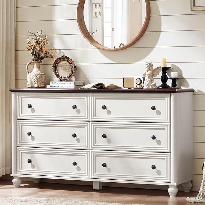 6 Drawers Dresser for Bedroom, Farmhouse 54" Wide Wood Dressers Chest of Drawers, Vintage Design TV Stand, Rustic Storage Dresser Organizer with Metal Handle Closet for Living Room, Hallway
