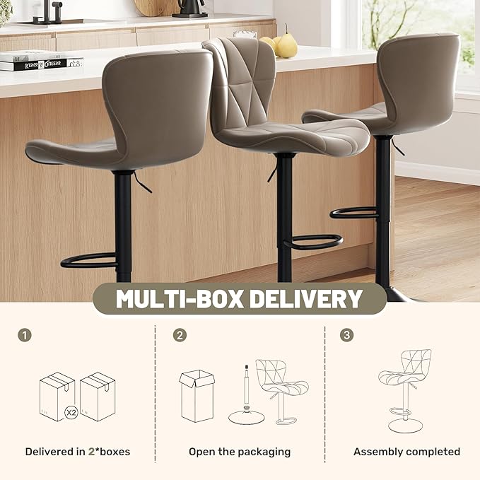 Bar Stools Set of 3,Adjustable Swivel Barstools, Faux Leather Bar Chairs,Upholstered Counter Height with High Backrest for Kitchen Island, Dark Khaki
