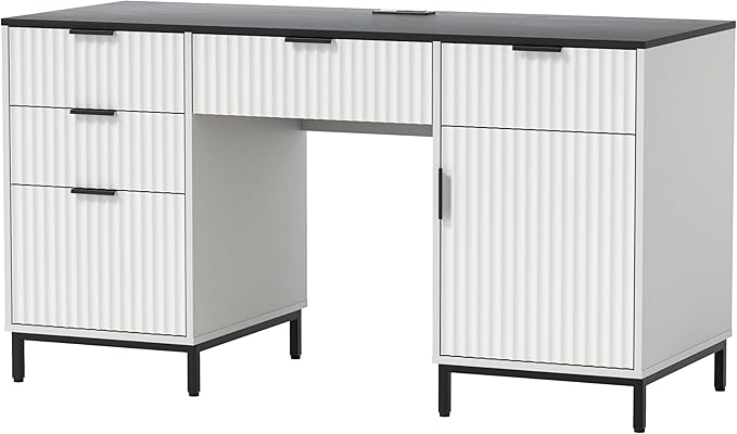 Modern Fluted Executive Desk with File Drawer, 55" Large Computer Desk with Storage and Charging Station, Wooden Home Office Desk for Workspace, Writing, Study, Black/White