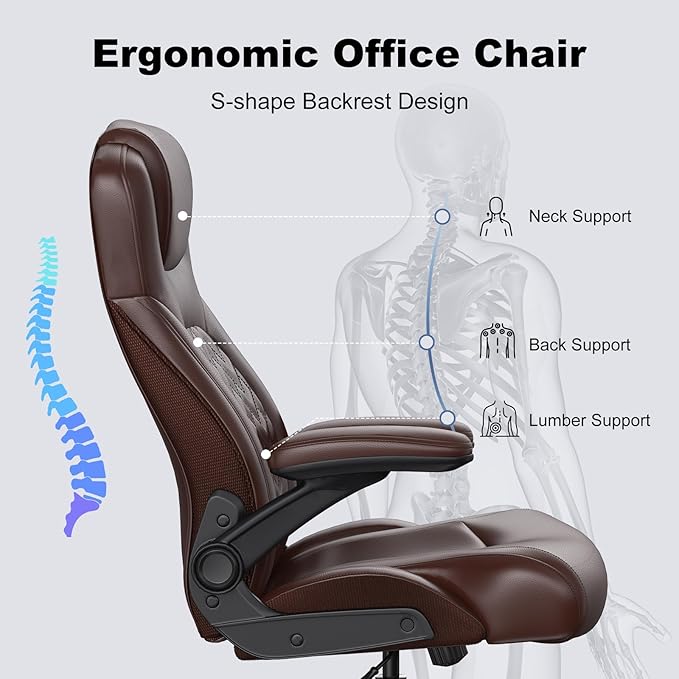Ergonomic Executive Office Chair for Big & Tall - 500lbs Capacity with Lumbar Support & Flip-Up Armrests, Heavy Duty PU Leather Computer Desk Chair, Brown
