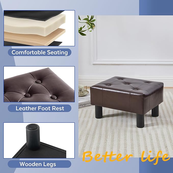 Small Foot Stool Ottoman, Faux Leather Footstool Ottoman Foot Rest for Couch, Rectangle Footstools and Ottomans Small for Living Room, Entryway and Bedroom (Brown)