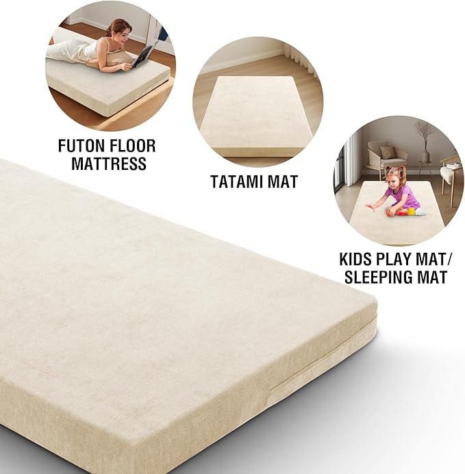 H.VERSAILTEX Full Size Armless Futon Mattress Covers for Traditional Japanese Futon Mattress Soft Chenille Couch Slipcovers Floor Mats Sofa Protector Zippered Sleeper Sofa Cover,Beige
