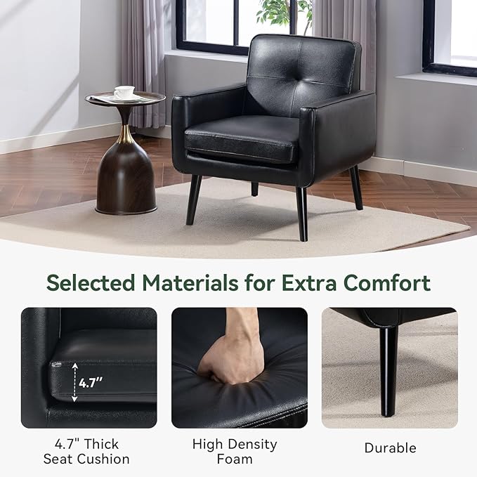 Accent Chair Set of 2, PU Leather Modern Chair with Wooden Frame, Cozy Armchair Reading Chair with Comfy Back for Apartment, Living Room, Bedroom, Waiting Room, Small Space, Corner, Black