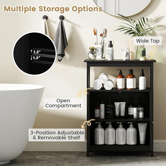 Tangkula Bathroom Storage Cabinet, Freestanding Floor Organizer with 2 Doors & 1 Adjustable Shelf, Modern Home Bathroom Furniture for Living Room Entryway Kitchen (Cabinet, Black)