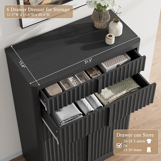Fluted Dresser for Bedroom, 48" Tall 6 Drawer Dresser, Modern Chest of Drawers with Solid Wood Handle, Curved Profile Design, Wood Dressers Storage Organizer, Living Room, Hallway, Black