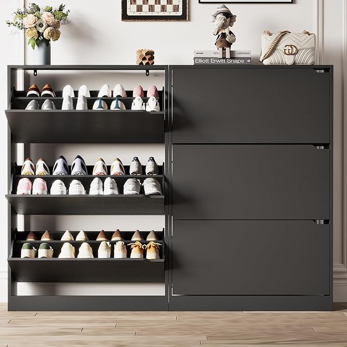 Shoe Storage Cabinet for Entryway with 3 Flip Drawers, Sturdy Wood Hidden Shoe Storage, Freestanding Narrow Slim Shoe Organizer for Front Door Entrance, Living Room, Hallway, Bedroom, Black
