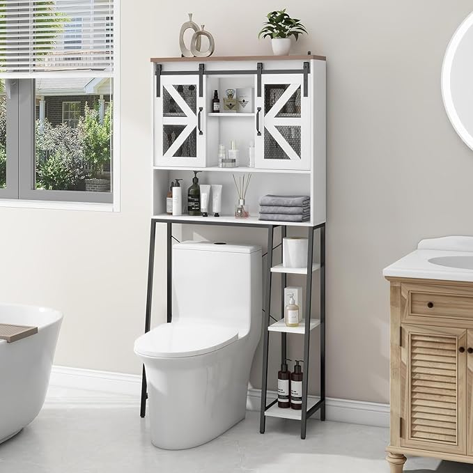Over The Toilet Storage Cabinet, Farmhouse Storage Cabinet Over Toilet with 2 Sliding Barn Door,Home Space-Saving Toilet Rack, for Bathroom, Restroom, Laundry(White).