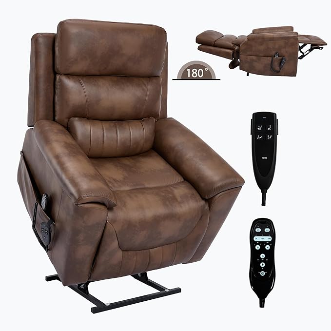 PELUMY Power Lift Recliner Chair for Elderly with Massage and Heat, Dual Motor Heavy Duty 350lbs Recliner, 8-Point Vibration & Lumbar Heating, Electric Lift Chair (Breathable Leather, Brown)