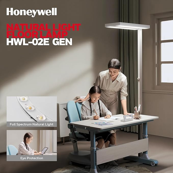 Honeywell LED Floor Lamp Modern - 02E GEN Sunturalux Eye Caring Tall Standing Light, 8000LM 4000K Natural Daylight Dimmable Reading Lampara for Home Office Living Room Bedroom