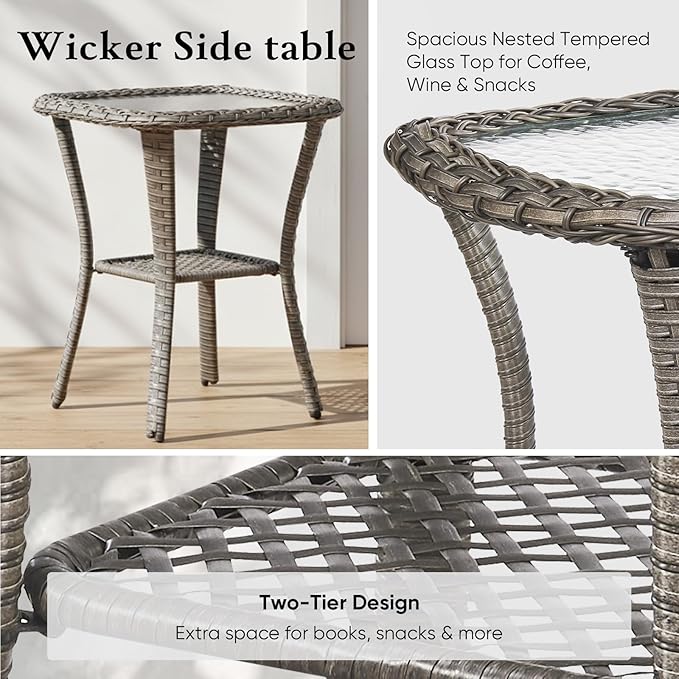 Belord Luxury 6" Thick Cushioned Outdoor Swivel Rocker Patio Chairs with Side Table, 3 Pieces High Back Wicker Furniture Set with Ergonomic Back, Conversation Gliders Set for Deck Porch - Grey+Blue