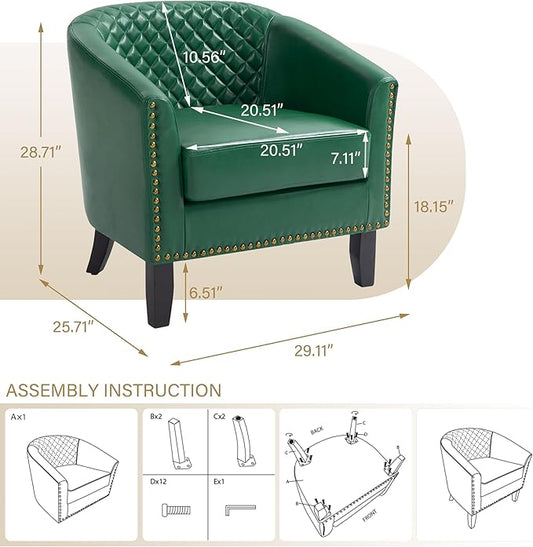 Pia Ricco Faux Leather Barrel Accent Chair, Modern Club Arm Chair Comfy Upholstered Single Sofa Chair with Solid Wood Legs and Nailhead Trim for Living Room/Reading Room (Green)