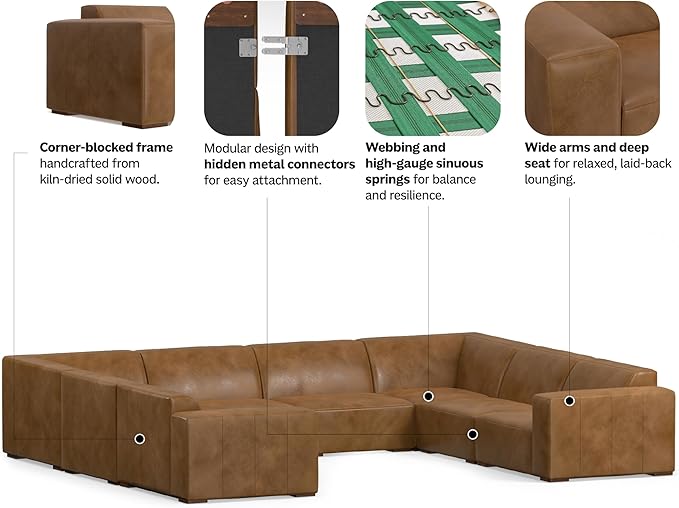 SIMPLIHOME Rex U-Shaped Sectional Modular Sofa in Full-Grain Genuine Leather, Caramel Brown, 144-inches Wide, Handcrafted Modern-Style Large Leather Couch for Living Room