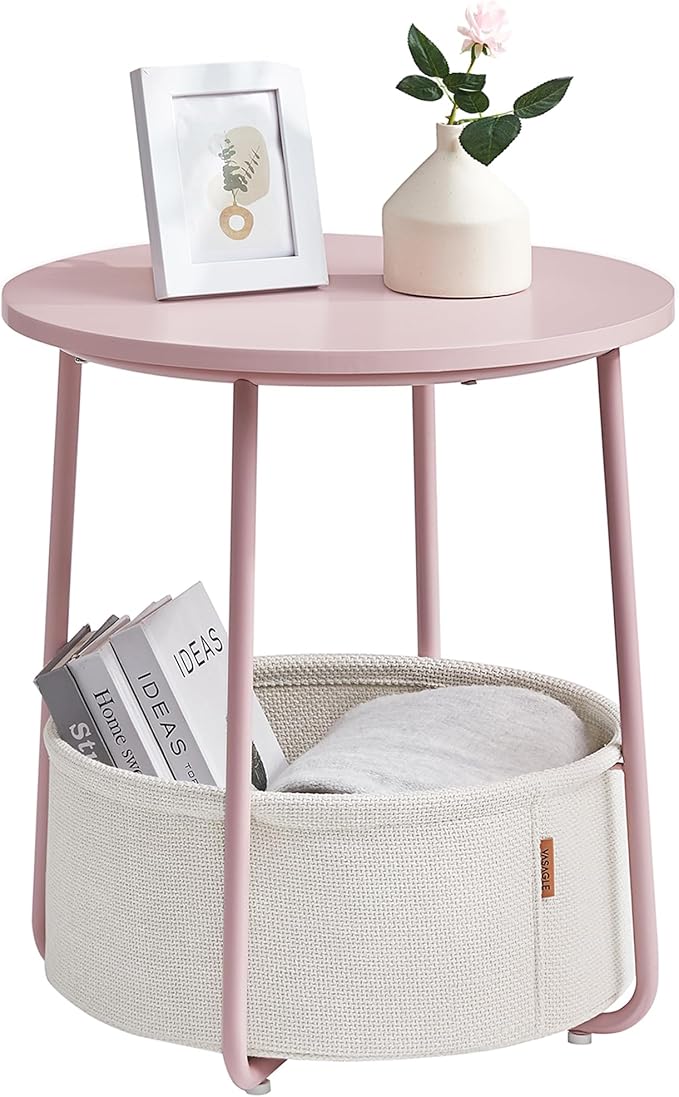 VASAGLE LILEA Collection - Small Round Side End Table, Modern Nightstand with Fabric Basket, Jelly Pink and Cream White ULET223R61