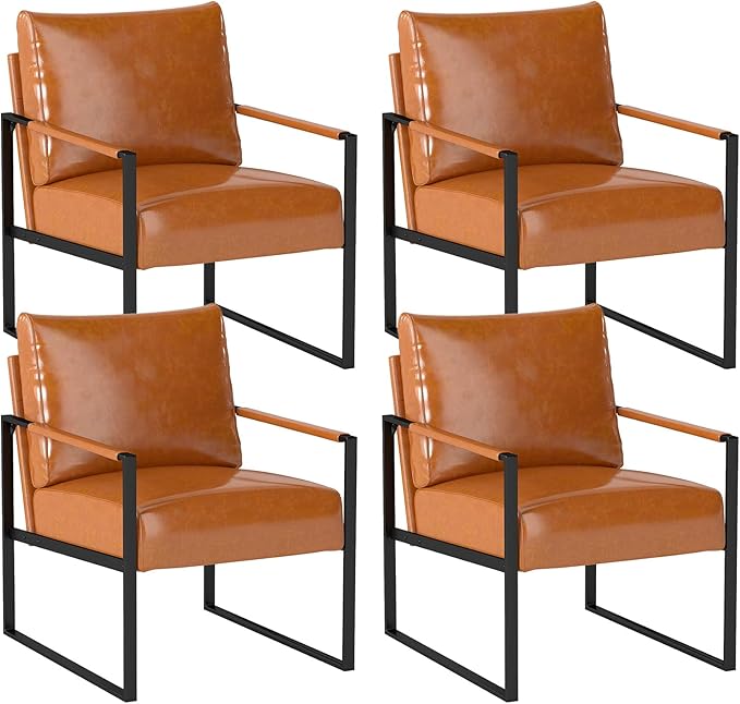 INZOY Accent Arm Chair with Metal Frame Set of 4, Comfy Living Room Chair with Plump Backrest and Cushion, Mid Century Modern Chair with Sturdy Structure, Easy to Clean, Brown
