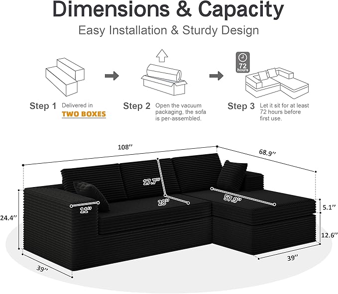 108-inch Boneless Couch for Living Room,Comfy Boneless Sofa with Deep Seats & Chaise Lounge, 3-Seat Modular Sofa Memory Foam Sectional Couches - No Assembly Required(Dark Black)